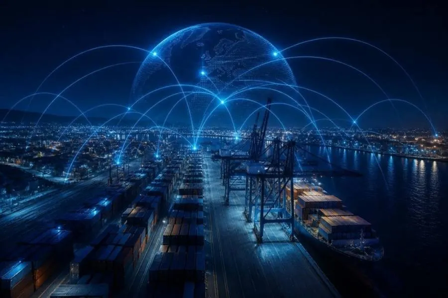 Gece konteyner limanı ve küresel ticaret rotaları